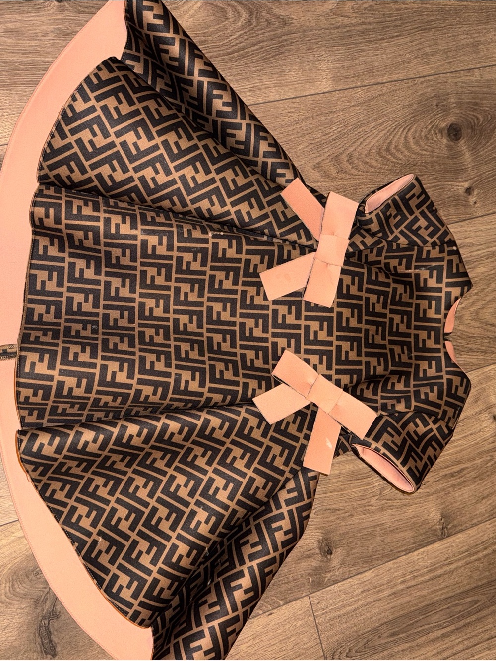 Fendi Brown & Pink Logo Bow Trim Girls' Dress